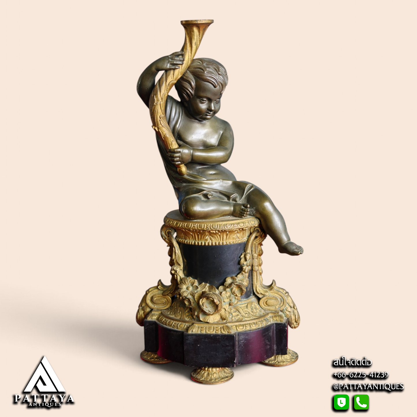 19th Century Pair of Cherub Bronze & Marble Candle Holders