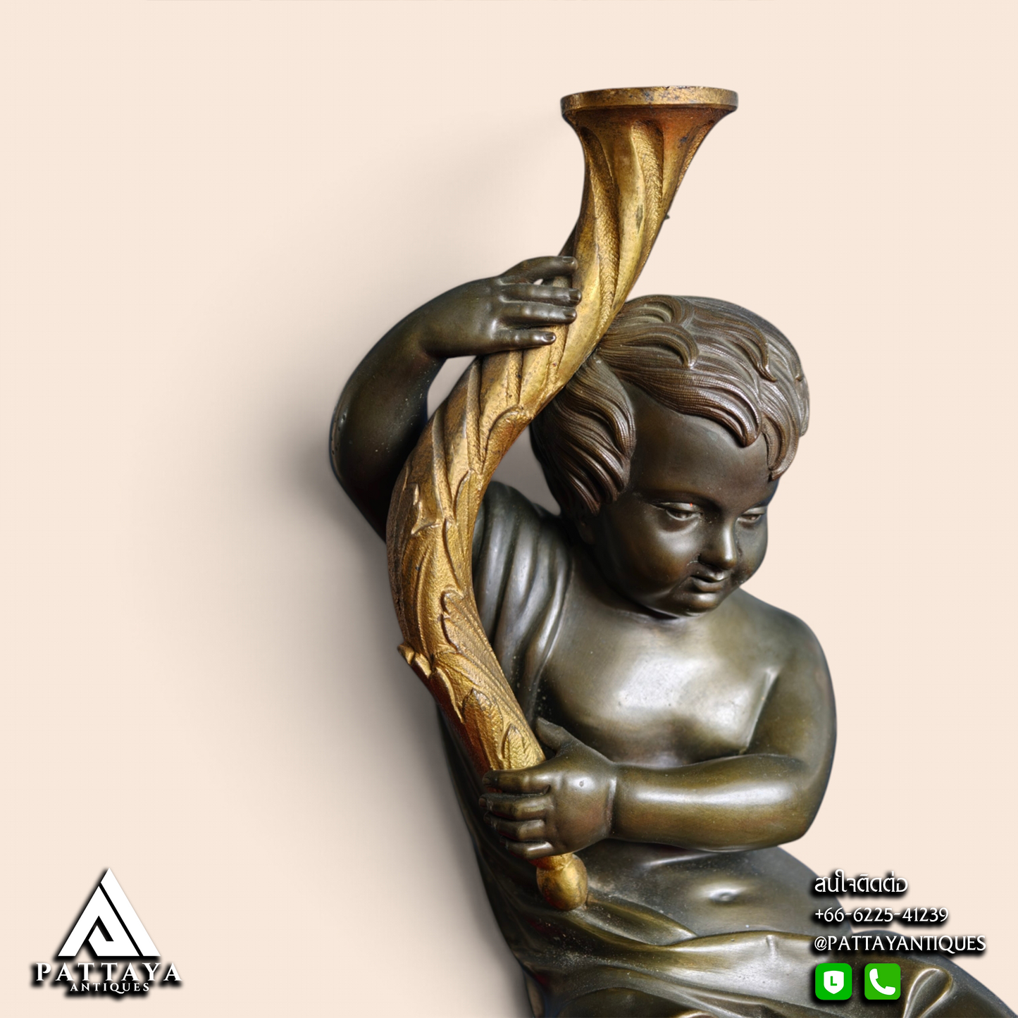 19th Century Pair of Cherub Bronze & Marble Candle Holders