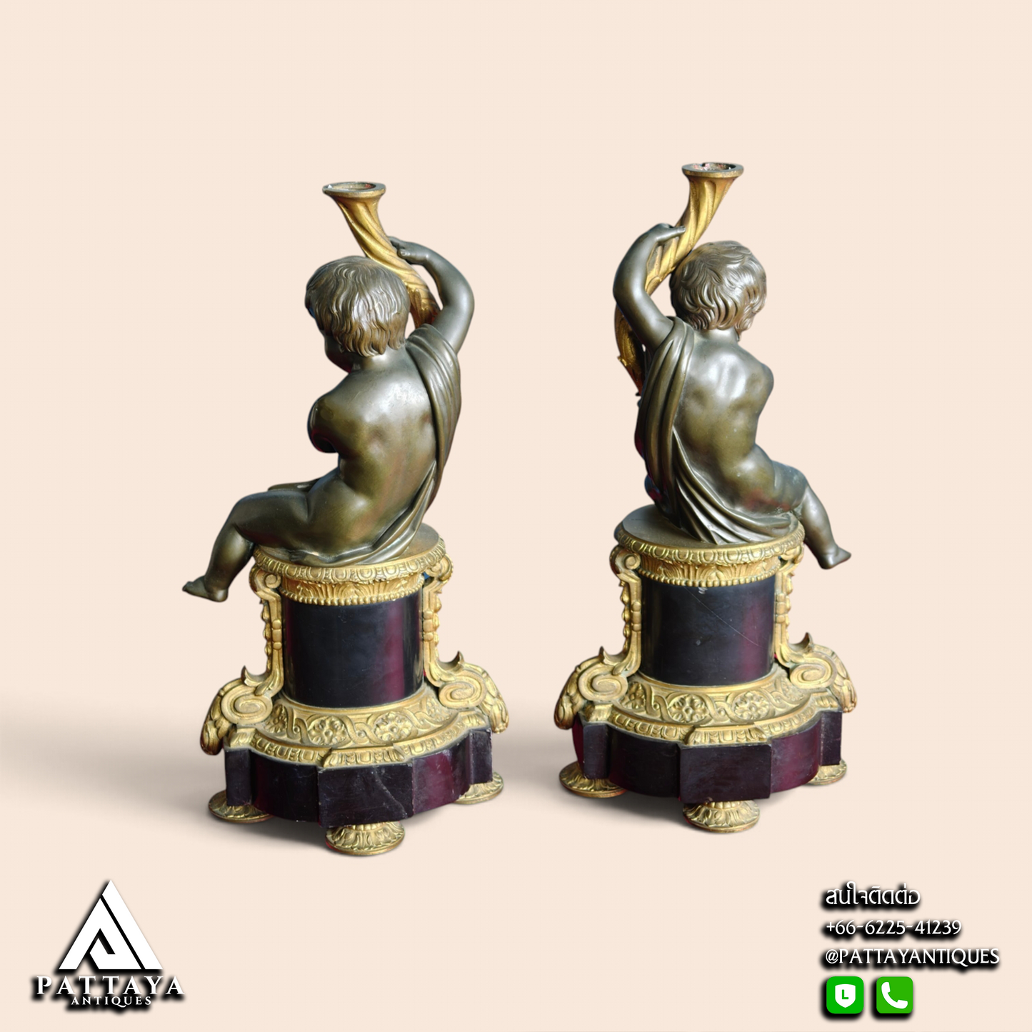 19th Century Pair of Cherub Bronze & Marble Candle Holders