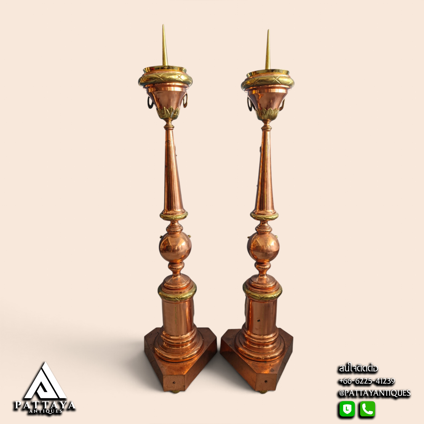 Pair of Large Copper & Bronze Church Candlesticks
