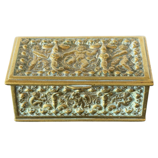Antique Brass stamped storage box with Cupid scenes