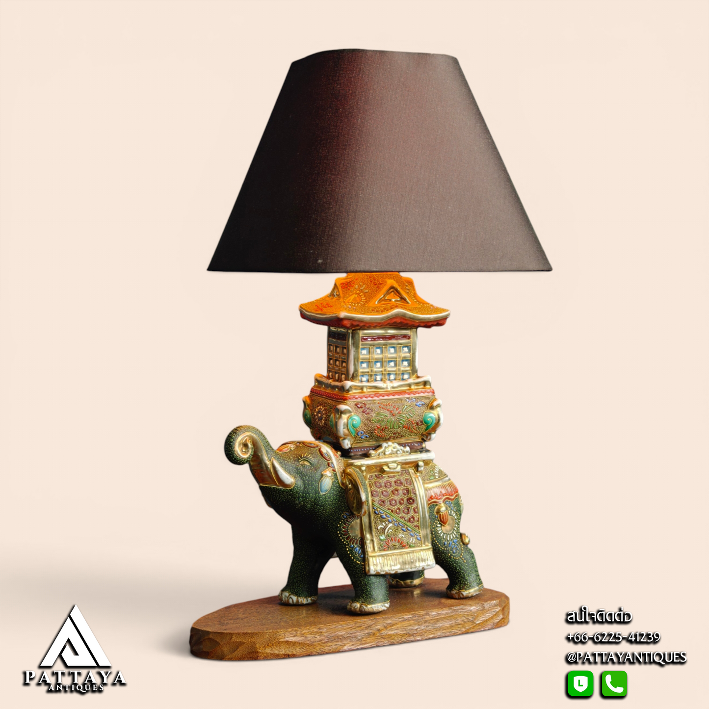 1930's Japanese Satsuma Elephant Pagoda Table Lamp