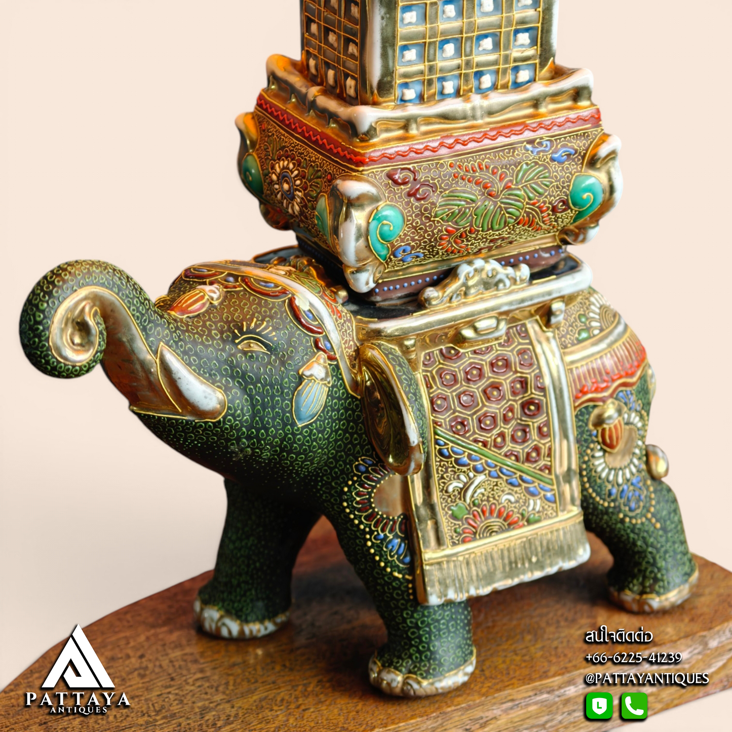 1930's Japanese Satsuma Elephant Pagoda Table Lamp