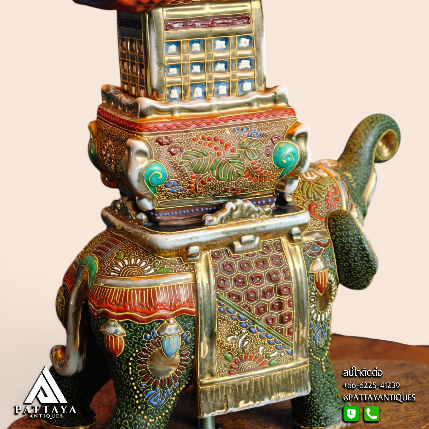 1930's Japanese Satsuma Elephant Pagoda Table Lamp