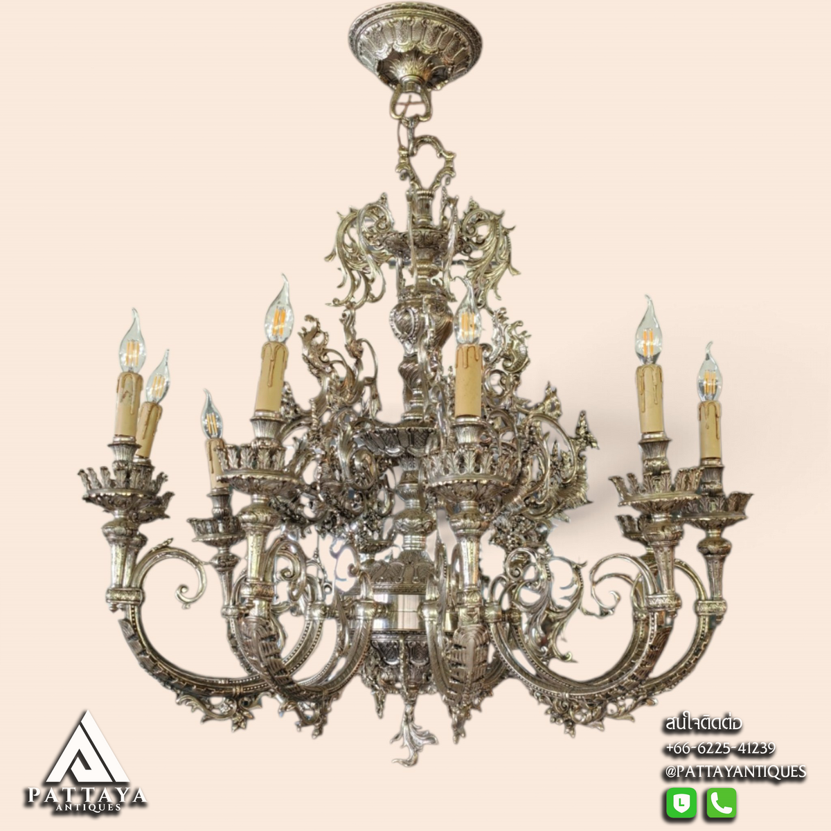Large 20th Century Silver Metal Chandelier & Candelabras