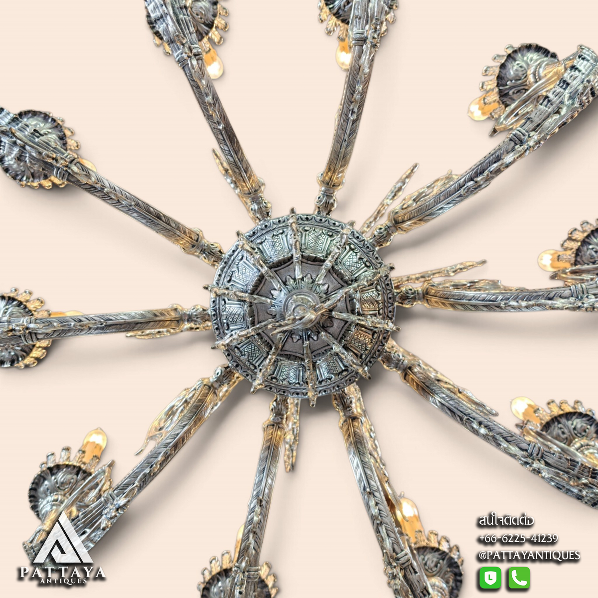 Large 20th Century Silver Metal Chandelier & Candelabras