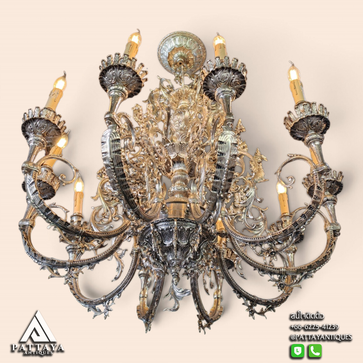 Large 20th Century Silver Metal Chandelier & Candelabras