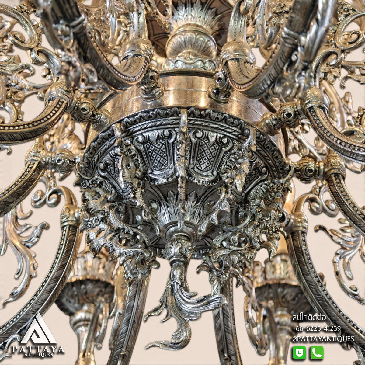 Large 20th Century Silver Metal Chandelier & Candelabras