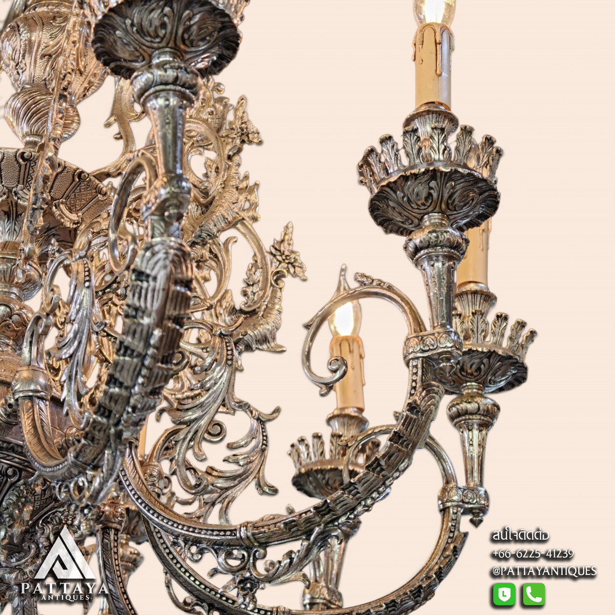 Large 20th Century Silver Metal Chandelier & Candelabras