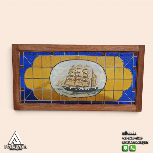 19th Century Stained Glass Depicting Sailing Ship at Sea
