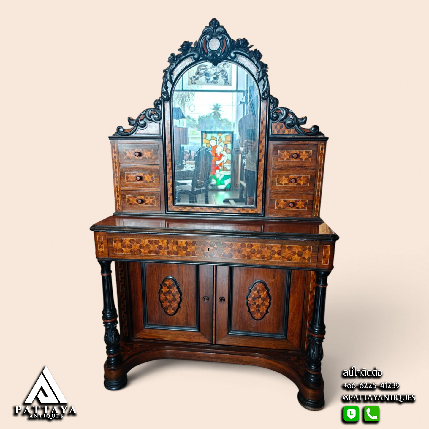 19th Century Victorian Marquetry & Ebonised Carved Dressing