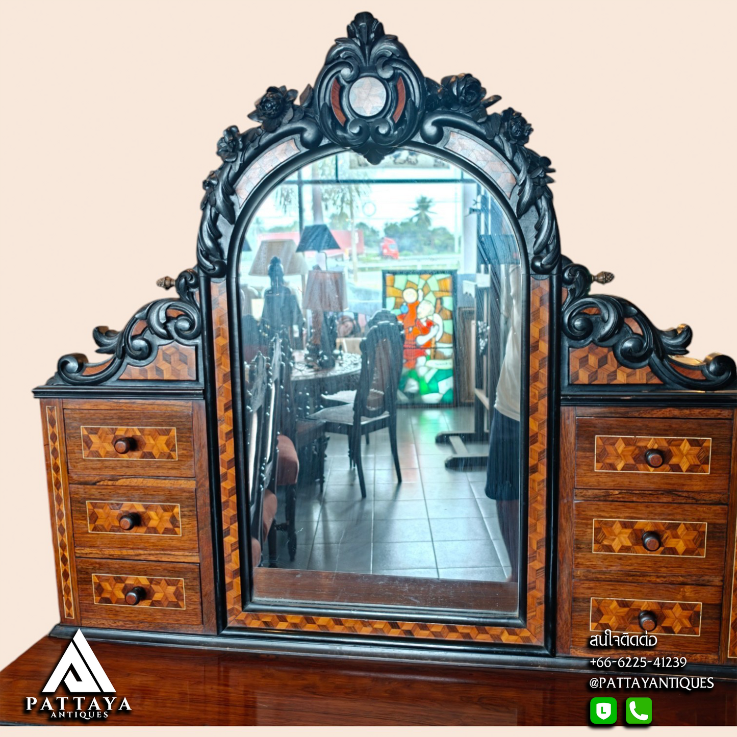 19th Century Victorian Marquetry & Ebonised Carved Dressing