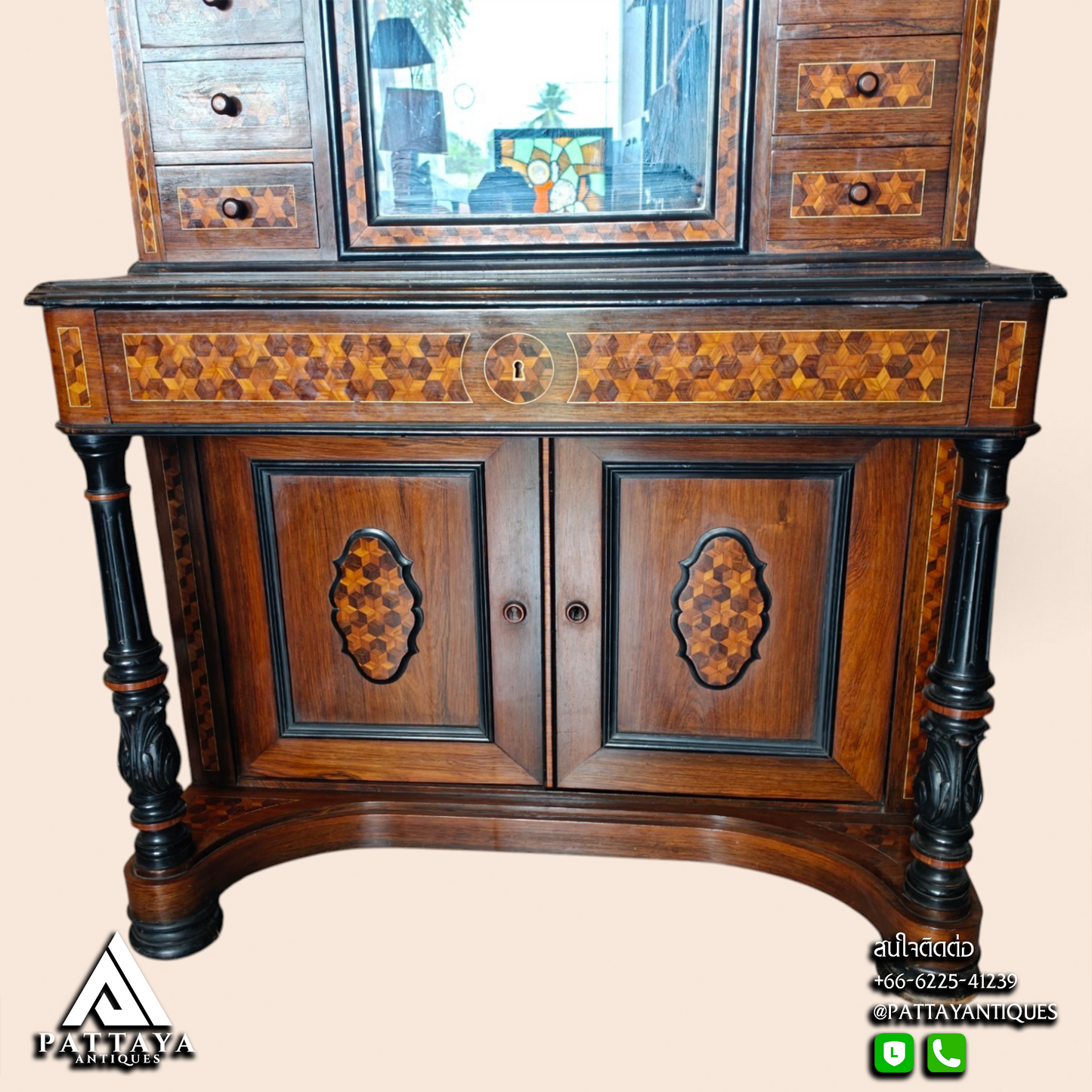 19th Century Victorian Marquetry & Ebonised Carved Dressing