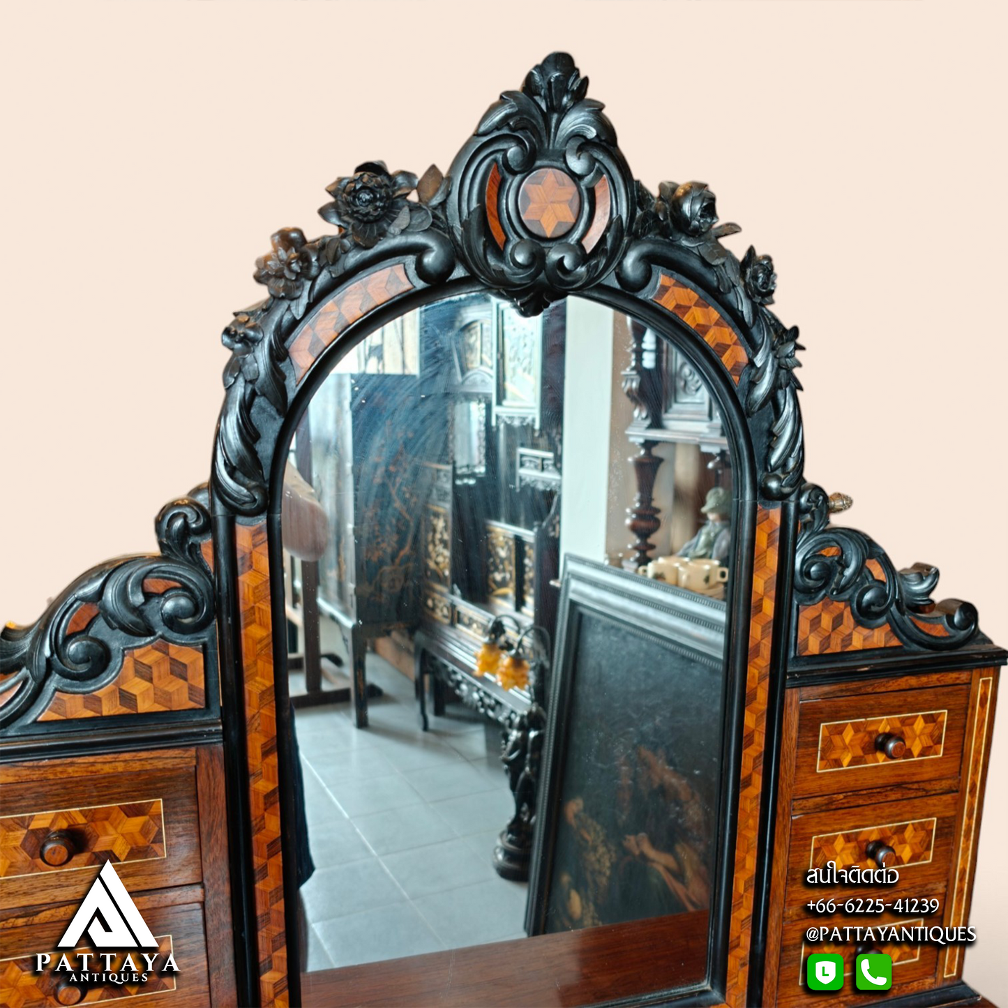 19th Century Victorian Marquetry & Ebonised Carved Dressing