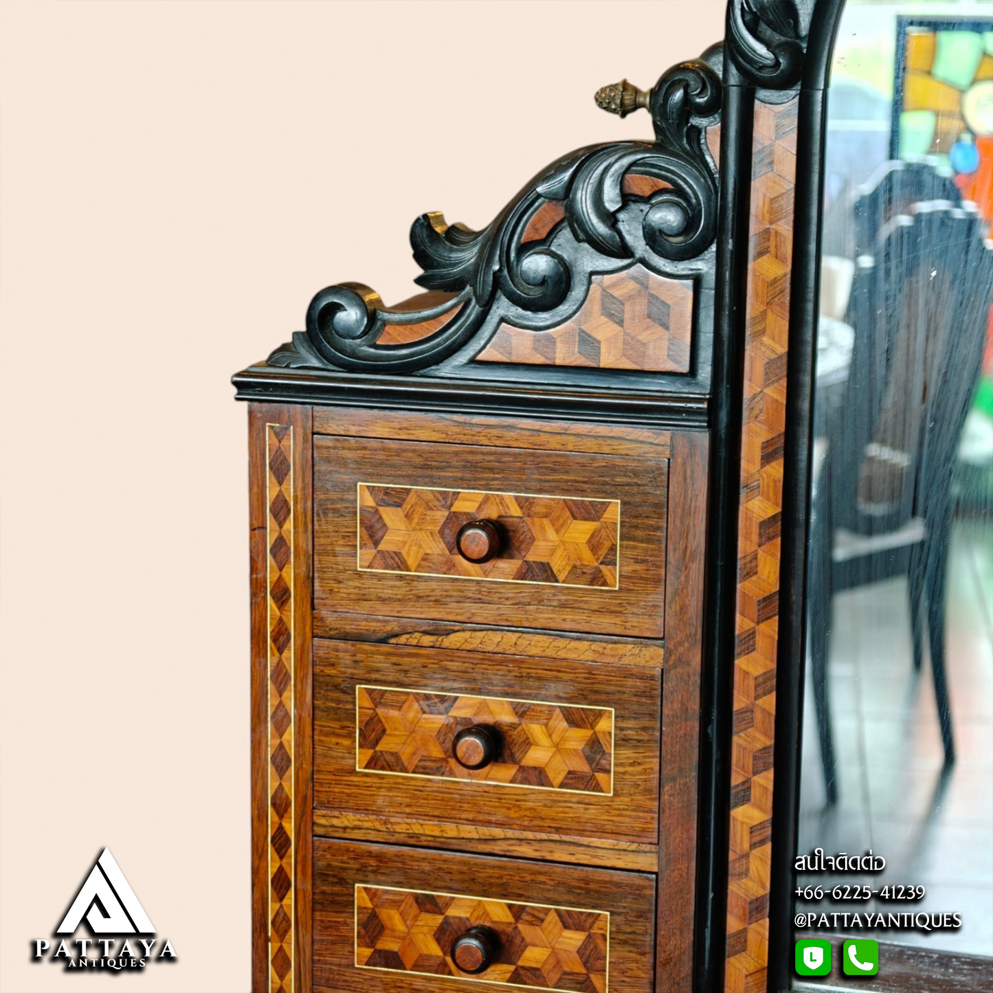 19th Century Victorian Marquetry & Ebonised Carved Dressing