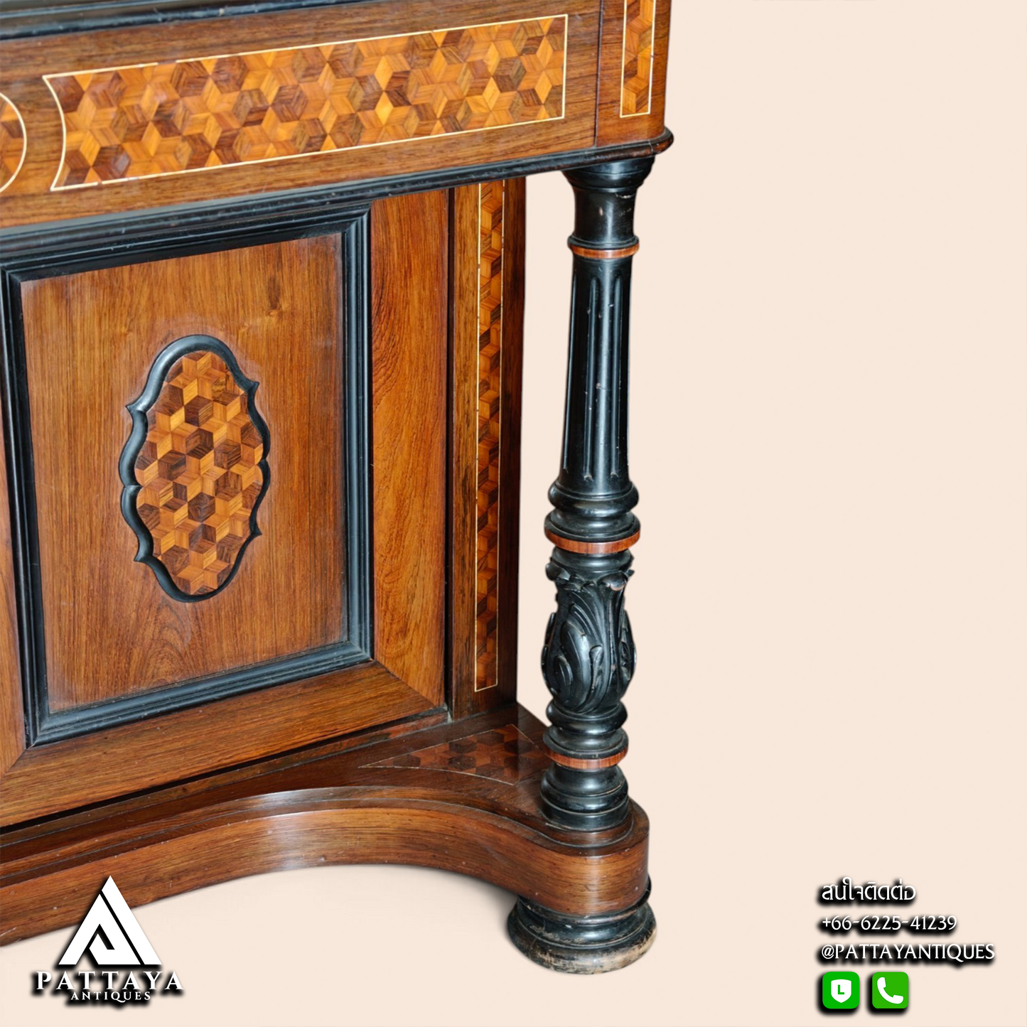 19th Century Victorian Marquetry & Ebonised Carved Dressing