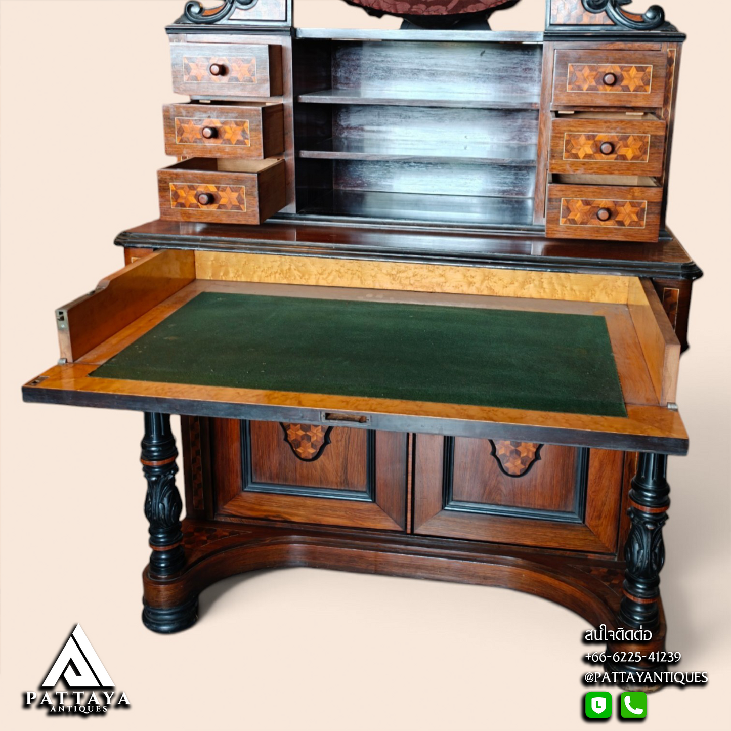 19th Century Victorian Marquetry & Ebonised Carved Dressing