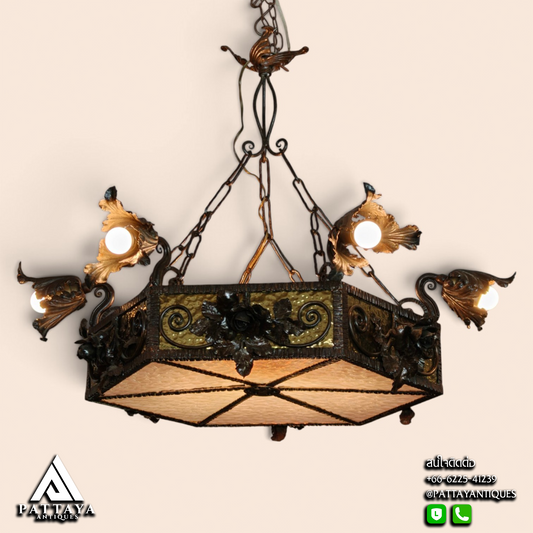 1920s Wrought Iron Chandelier with Amber Glass