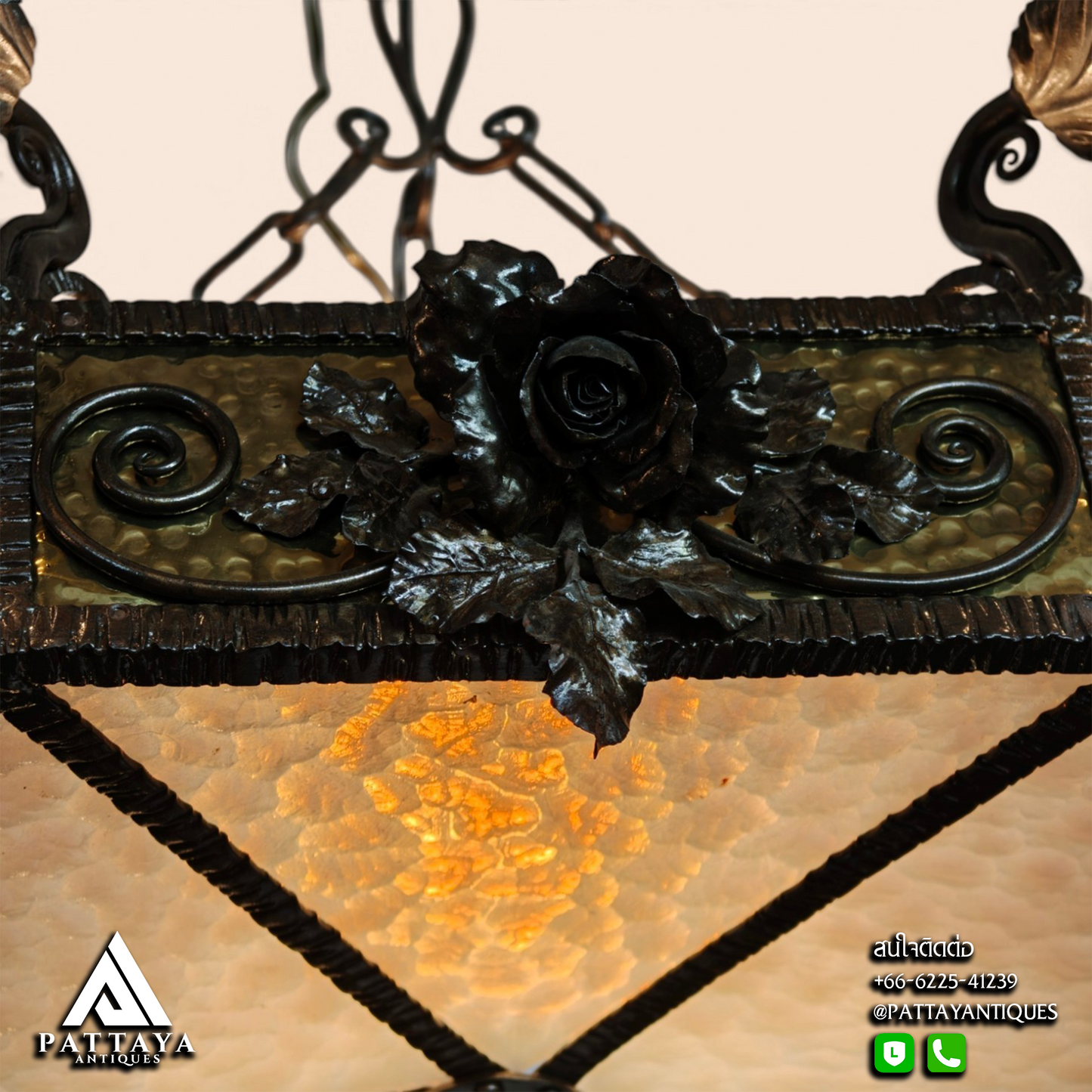 1920s Wrought Iron Chandelier with Amber Glass