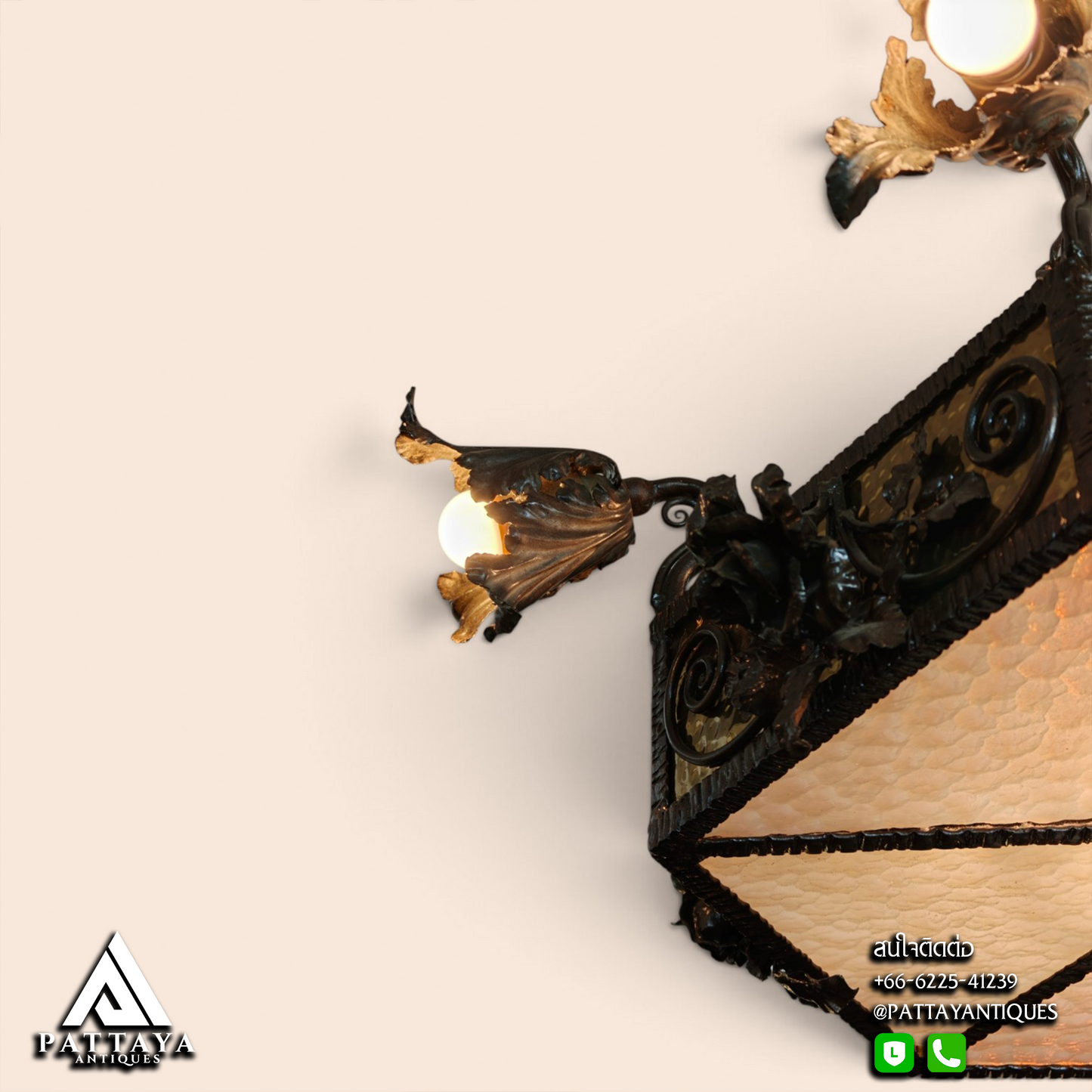 1920s Wrought Iron Chandelier with Amber Glass