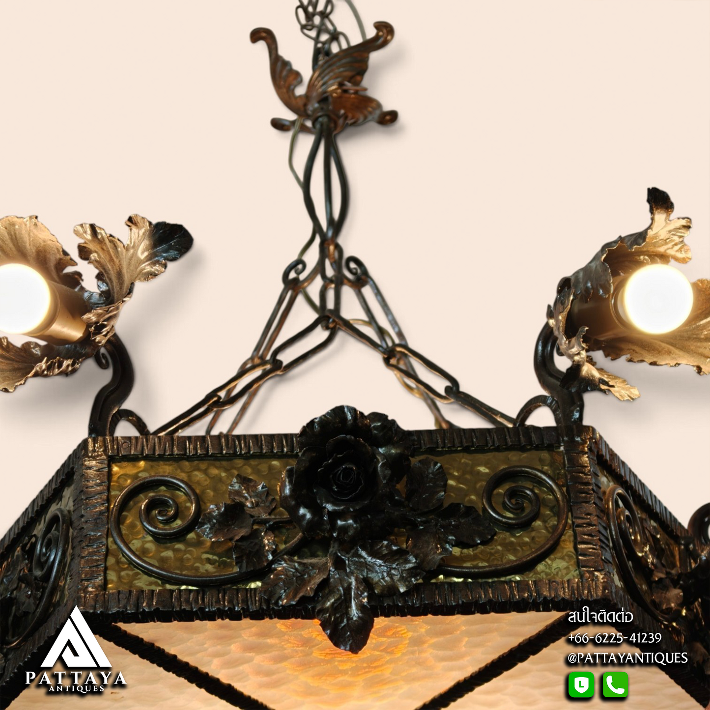 1920s Wrought Iron Chandelier with Amber Glass
