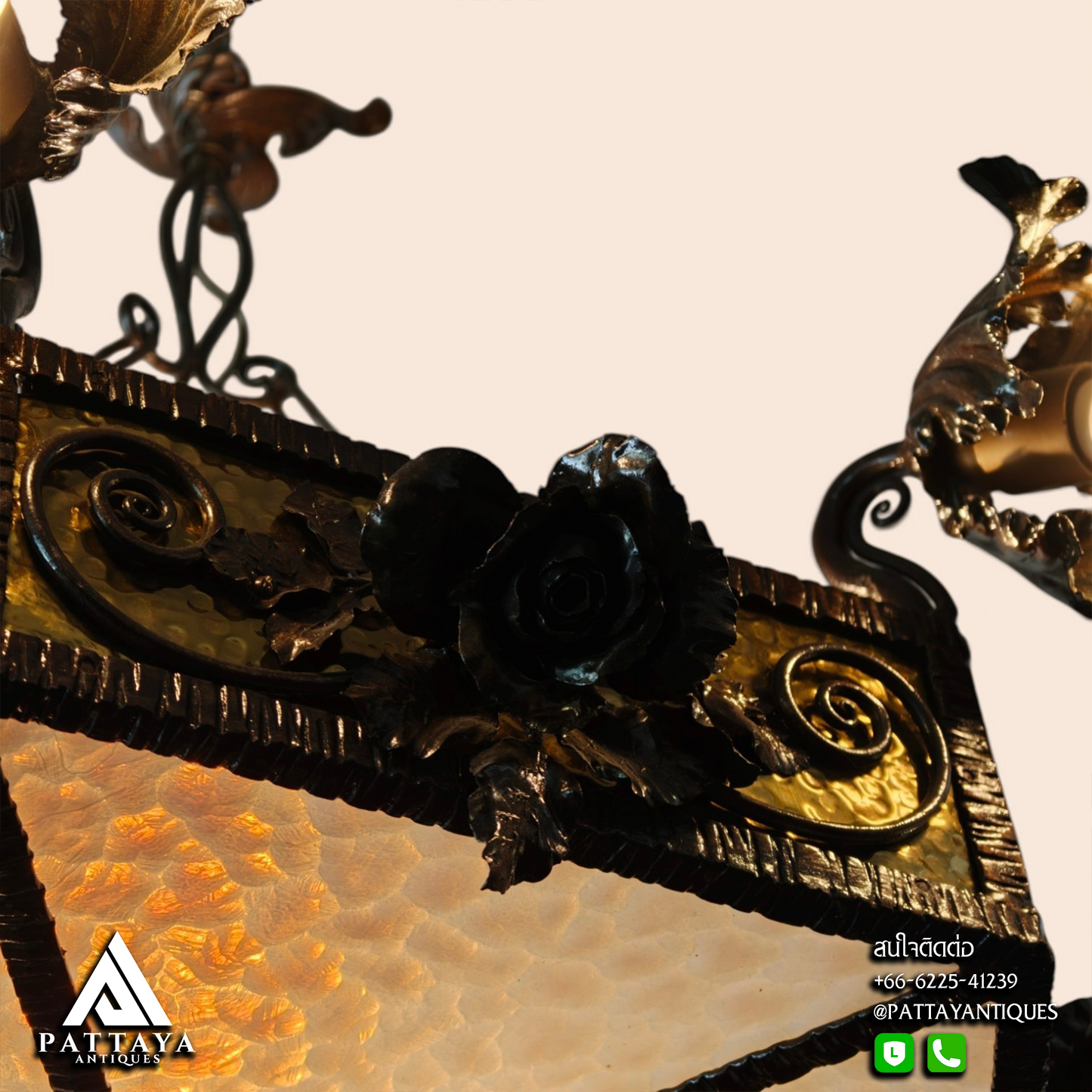 1920s Wrought Iron Chandelier with Amber Glass